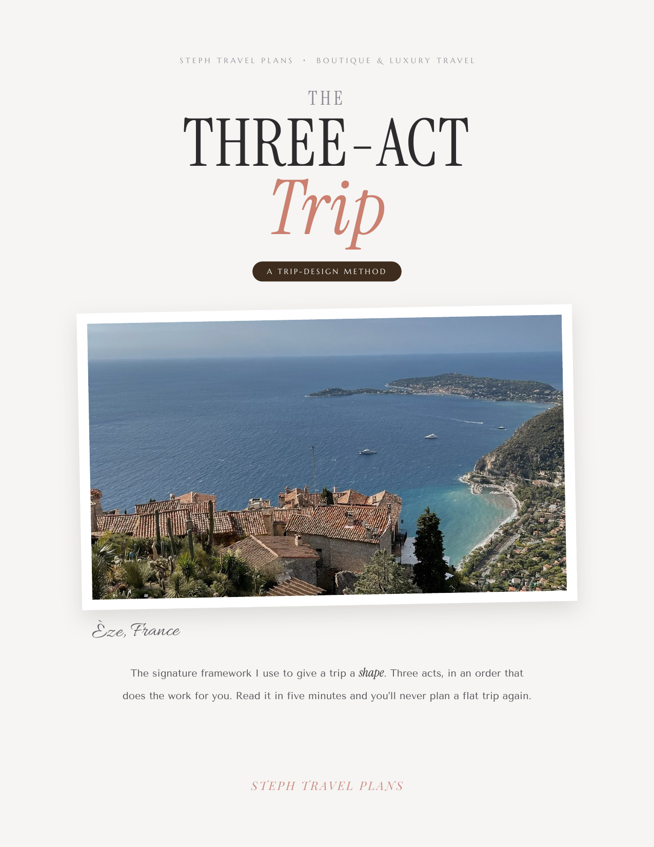 The Three-Act Trip guide cover, featuring Èze, France